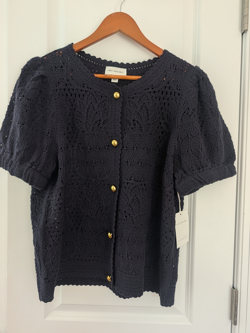 Free Assembly Navy Blue Crochet Puff Sleeve Button Cardigan